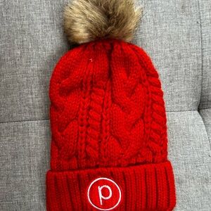 Pure Barre Red Cable Knit Beanie with Faux Fur Pom-Pom